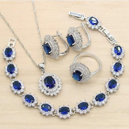 Silver Color Wedding Jewelry Sets For Women Party Blue Cubic Zircon Earrings Pendant Necklace Bracelet Ring Christmas Gift 4PCS