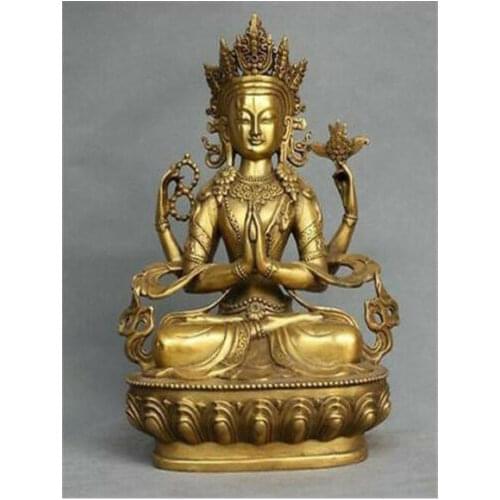 Old Rare Four-armed Avalokitesvara Tibet Bronze Kwan-yin Buddha lucky Statue