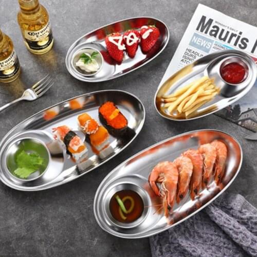 Stainless Steel Snack Dish Plate Ketchup Sauce Dipping French Fries Dish Divided Grid Plate Fried Chicken Dish Platos Practical
