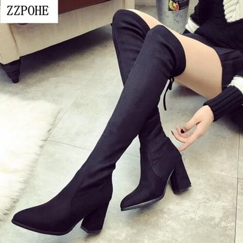 2018 New Women Leather Boots Flock Over The Knee Boots Lace Up Sexy High Heels Women Shoes Winter Warm Boots Ladies Party Shoes