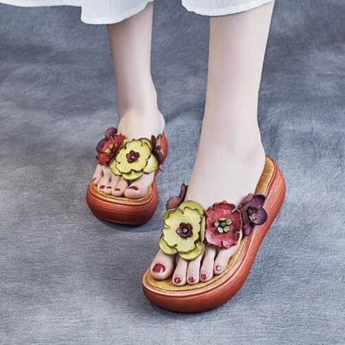 YourSeason Women Slippers Genuine Leather Summer Women Flip Flops Shoes 2020 New Concise Ladies Floral Wedges Slippers Platform
