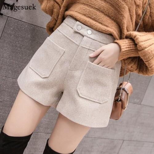 2021 Autumn Winter Sexy Casual Woolen Women Shorts Slim High Waist Shorts Fashion Pockets Wide Leg Shorts Women Short Femme 6307