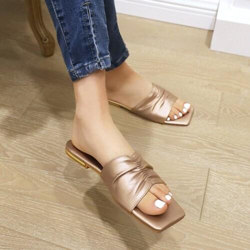 NEW Summer Women Slippers Flat With Pleated Casual And Comfortable Shoes Solid Pu Modern 3 Colors Avaliable Plus Size 43