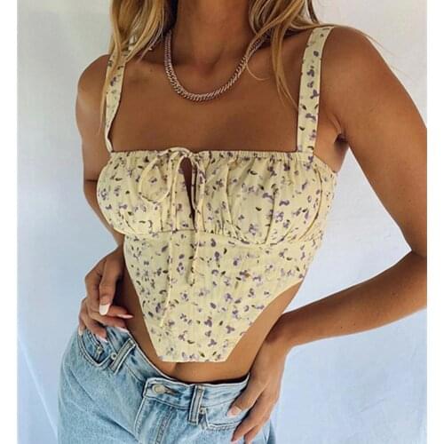 Summer Women Crop Tops Floral Print Sleeveless Vest Sexy Ladies Tie Up Sling Strap Back Zipper Irregular Corset Top Court Street