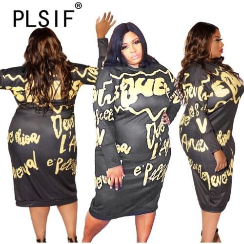 New Spring Fashion Letter Print Full Sleeve Sheath Midi Dress Female Party Club Elegant Plus Size Dress