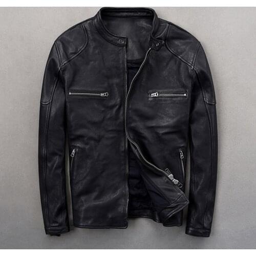 2020 Black Men Slim Fit Bikers Jacket Plus Size XXXL Genuine Sheepskin Autumn Short Motorcycle Leather Coat