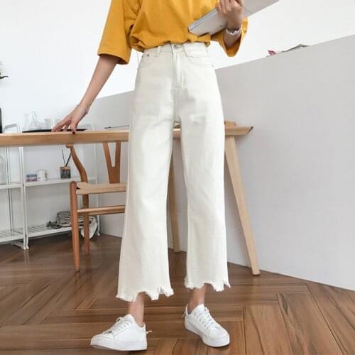2021 Harajuku White Jeans Woman High Waist Slimming Loose Casual Wide Leg Pants Denim Straight Womens Raw Edge Nine Points Pant