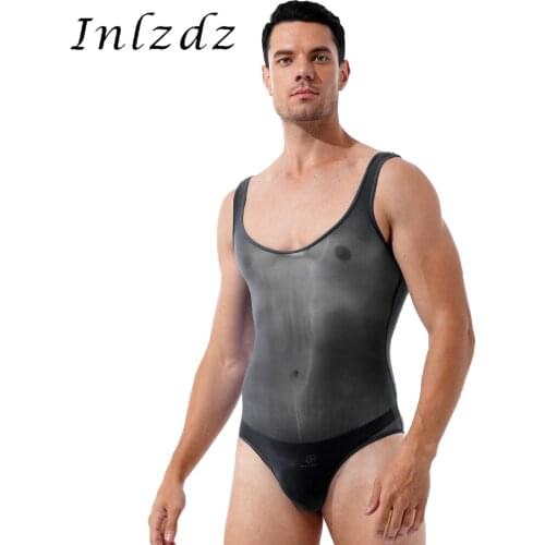 Mens Lingerie See-through Leotard Bodysuit Underwear Glossy Scoop Neck Sleeveless Erotic Teddies for Lingerie Party Honeymoon