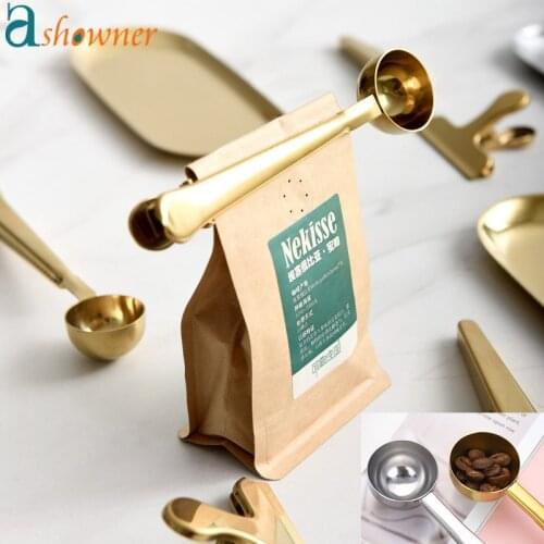 Household Two-in-one Stainless Steel Coffee Spoon Food Sealing Clip Cafe Decoration Kitchen Tools Tea Measuring Scoop Teaspoon
