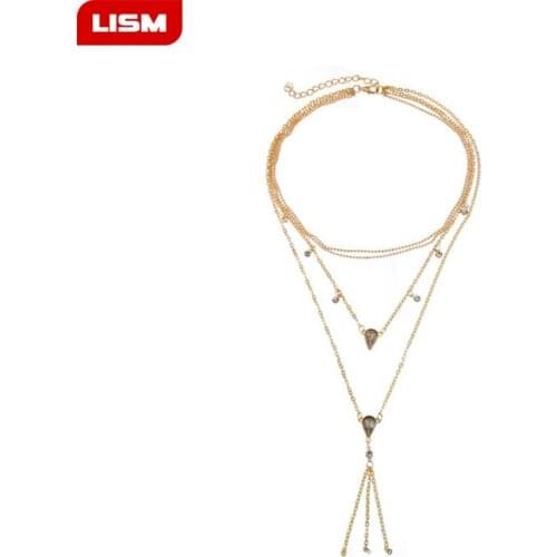 Gold Color Chokers Tassel Necklace Crystal Drop-shaped Multi-layer Necklace Sweater Chain Fashion Jewelry