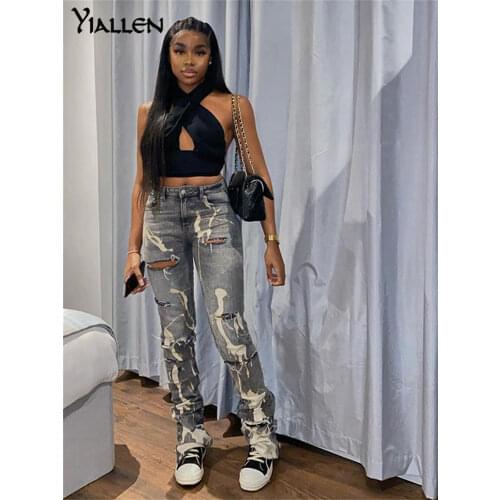 Yiallen Cotton Hole Jeans Trend Y2K Woman Pants Chic Print Stacked Indie Denim Skinny Elastic Slim Casual Streetwear Trousers