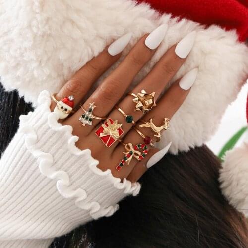 European And American Jewelry With Christmas Tree Gift Wand Santa Claus Bow Elk Rhinestone Ring 8 Piece Set Party Gifts