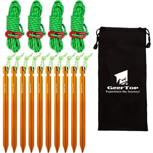 Geertop 7'' Aluminum Tent Pegs Stakes & 4mm Reflective Guy Lines with Cord Adjuster & Pouch for Hiking Camping Mountaineering