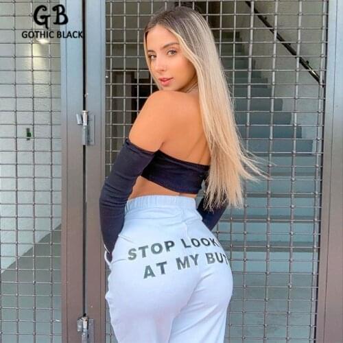 Gothblack Women Loose Letter Printing High Wasit Trousers Fashion Streetwear Cotton Sweatpant 2021 Summer Casual Straight Pants