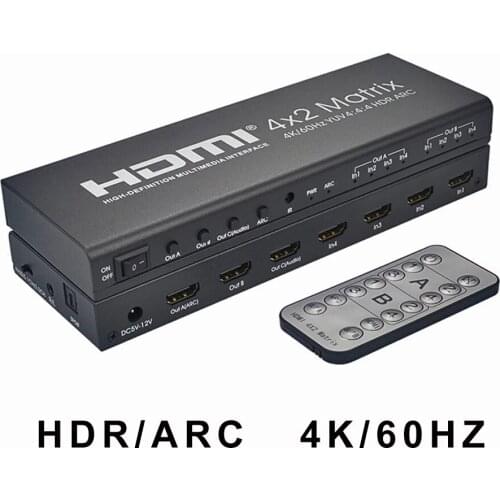 HD Matrix 4x2 Switch Splitter 4K@60Hz HD 2.0 Matrix HD Switcher with Audio out YUV 4:4:4 HDR ARC IR Remote Control Optical SPDIF