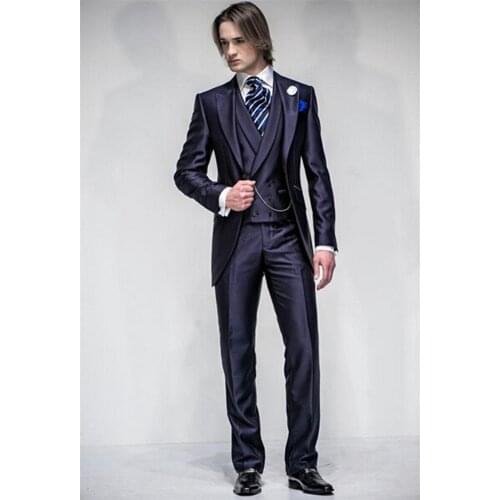 New Slim Fit Morning Style Groom Tuxedos Lapel Mens Suit Navy Blue Groomsman/Best Man Wedding/Prom Suits(Jacket+Pants+Vest)