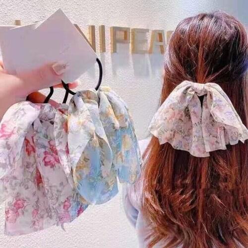 2021 Women Headband Printing Floral Chiffon Bowknot Hair Bands Elastic Rubber Bands Hair Ornament Boho Headwear Accessoires