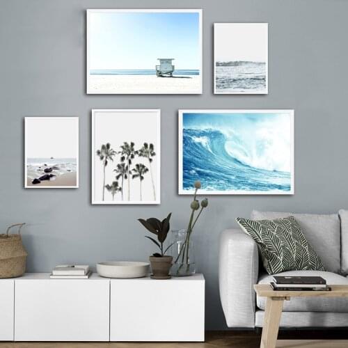Scandinavian Beach Palm Trees Canvas Poster Nature Nordic Sea Wave Landscape Wall Art Print Painting Picture for Living Room