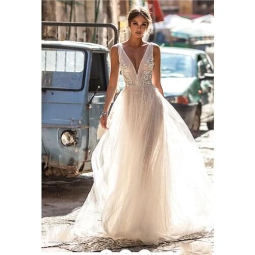 Smileven Boho Wedding Dress Backless Lace Bride Dress Sexy V Neck 2020 Appliqued Lace Long Bridal Gowns
