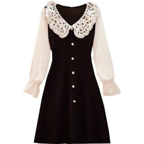 Knitted Chiffon Splicing Black Dress Women Elegant Pastel Vestidos Autumn New Style Plus Size Dress Women Clothes Lace Robes