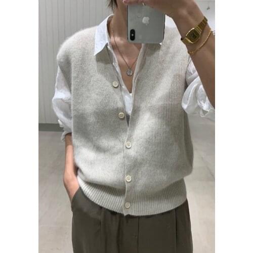 Knitted Sweater Vest Women Stretchy Simple Basic Daily V-neck Solid Open-stitch Female Korean Clothes