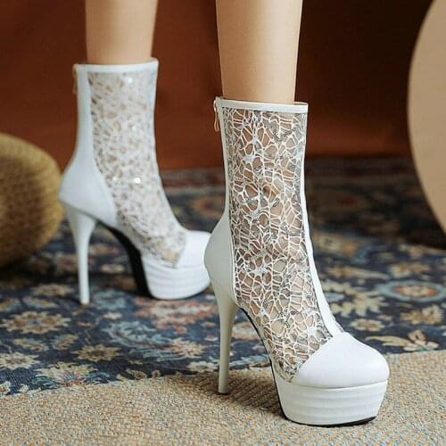 Black Apricot White Platform Thin High Heel Women Ankle Boots Mesh PU Leather Women Summer Boots Fashion Party Womens Shoes