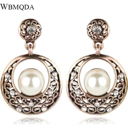 Wbmqda Fashion Turkish Pearl Earring For Women Antique Gold Color Accessories Shiny Crystal Flower Party Earring Vintage Jewelry