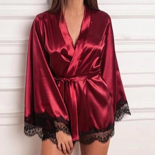 Women Satin Night Dress Silk Lace Lingerie Nightgown Sleepwear Sexy Robe peignoir femme ropa mujer invierno 2020 Dropshipping