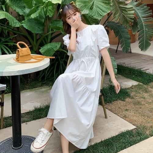 Summer Clothes For Women French Hook Round Lace Puff Sleeve Loose Waist Ladies White Dresses Vestidos Plus Size