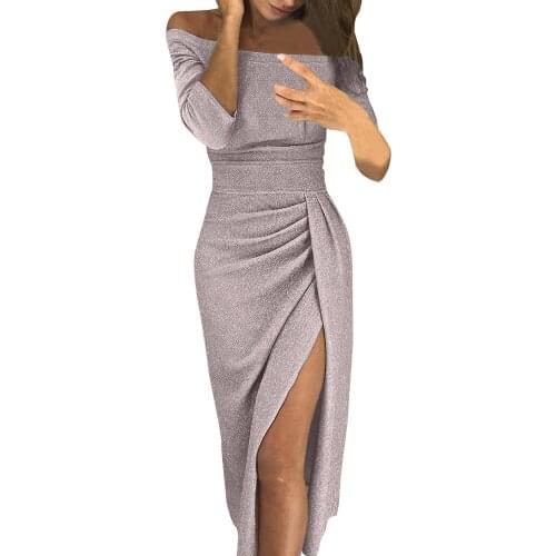 Women Off Shoulder Solid Color High Slit Dress Long Sleeve Vestidos Vintage Bodycon Elegant Sukienka Slash Neck Bandage Vestidos