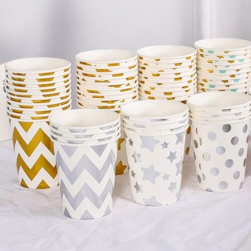 10pcs Golden cup party paper tableware birthday party dinner plate polka dot striped cup