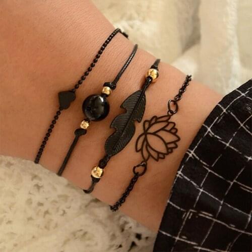 4PCS/Set Black Charm Bracelets Adjustable Rope Chain Bracelets Jewelry Multilayer Bracelets Women Jewelry Accessories