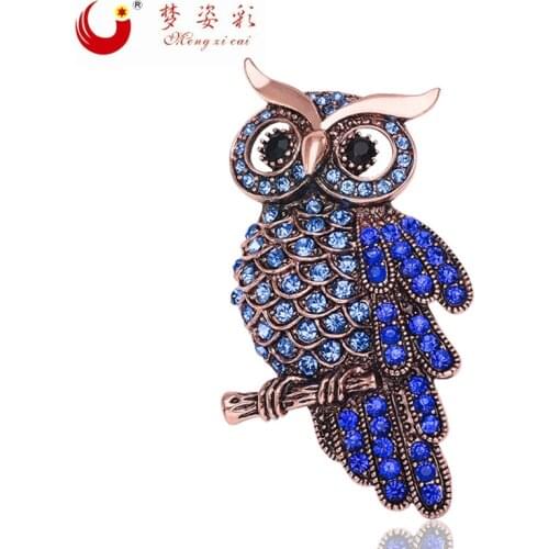 Wholesale Elegant Decoration Charm Owl Broche Mujer Hijab Pins Vintage Blue Rhinestone Brooch Lapel Pins X0834