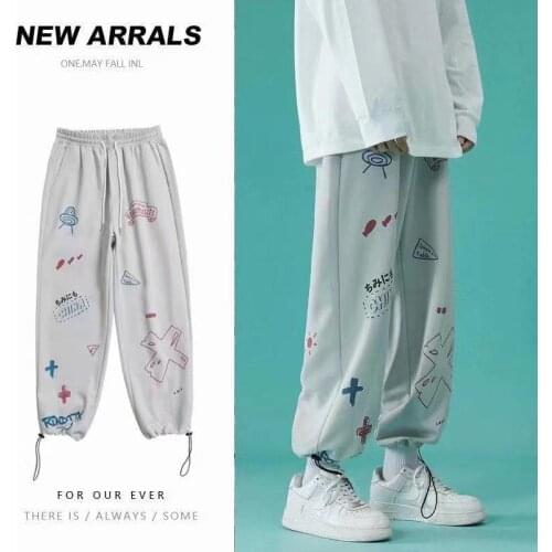 Trousers for men Graffiti print Elastic waist straight casual Oversize pants loose sports High Street Hip Hop Mens clothing