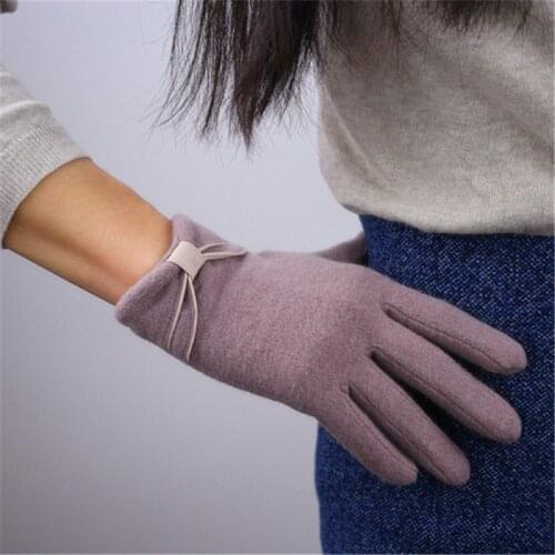 Pure Wool Gloves Five Fingers Brown Grey Bean Color Autumn Winter Elastic Knitted Female Butterfly Knot Woman Gloves TB104