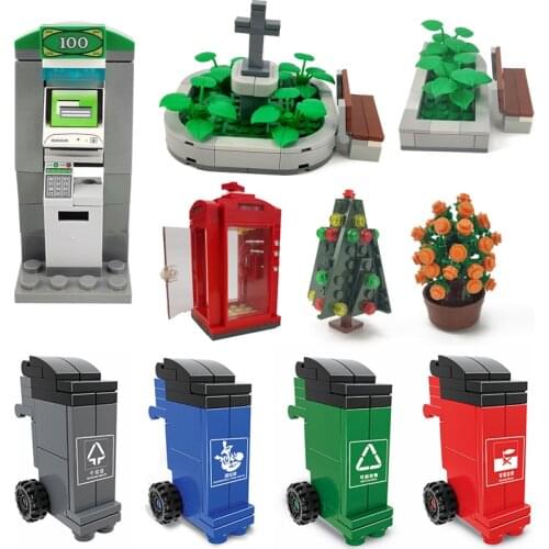 For Locking City Building Blocks Ashbin Food Stall Turnstile Fountain ATM Telephone Toys For Children Compatible MOC Citys Model