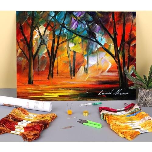 Oil Painting Style Rain Fire Pre-Printed 11CT Cross-Stitch Patterns DIY Embroidery DMC Threads Painting Handmade Floss