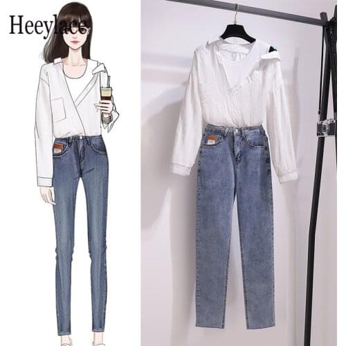 Autumn Women Long Sleeve Patchwork off the shoulder Blouse Top and Jeans Long Pant set Female Two Piece korean Clothing Sets