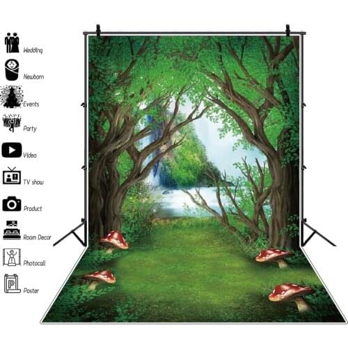 Laeacco Fairy Tale Forest Trees Grassland Jungle Waterfall Mushroom Spring Scenic Baby Newborn Backdrops Photography Backgrounds