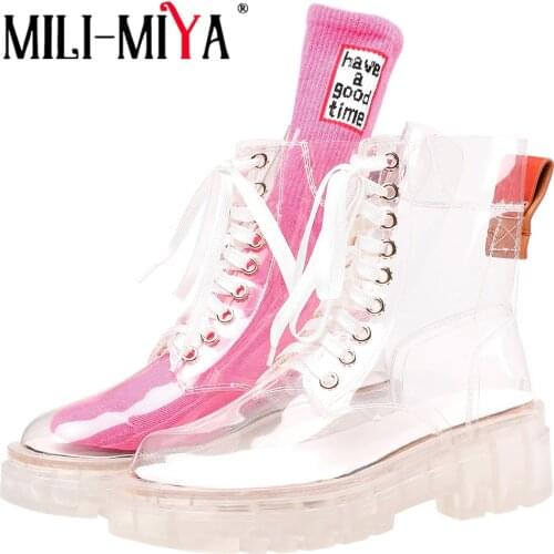 MILI-MIYA Women Rain Boots Mature Lady Lace Up Waterproof Transparent Comfort Platform Thick Soles Bottom Round Toe Casual Shoes