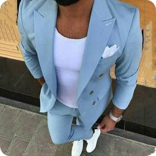 High Quality Double Breasted Light Blue Groom Tuxedos Peak Lapel Groomsmen Men Blazers Suits (Jacket+Pants+Tie) NO:411