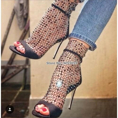 ALMUDENA Newest Black Silver Bling Bling Sandal Boots Hollow Out Cage Sandals Glittering Crystal Wedding Shoes Rhinestone Pumps