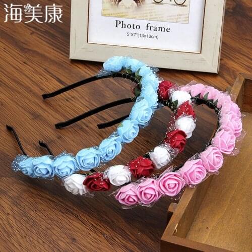 Haimeikang Bezel for Girls Hair Accessories Flower Hairband Wreath Headdress Romantic Headband Red Color Bridal Headwear