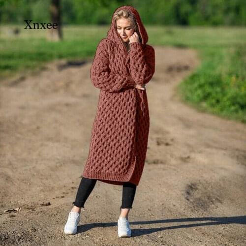 Autumn and Winter Cardigan Jacket Womens Casual Solid Color Hooded Long Knitted Jacket Women Oversized Loose Coat Jacket
