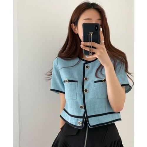Chic Korean Summer Thin Contrast O Neck Short Sleeve Jackets Women Crop Tops Single-breasted Straight Coat Fashion Clothing