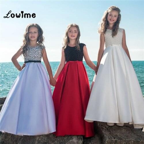 Custom Beaded Pearls Flower Girl Dresses Vestido Daminha 2018 New Satin Elegant Pageant Dresses For Girls First Communion Dress