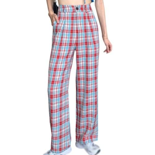 Casual Pants Women Plaid Straight Loose Korean Style Vintage Students Chic Preppy Streetwear