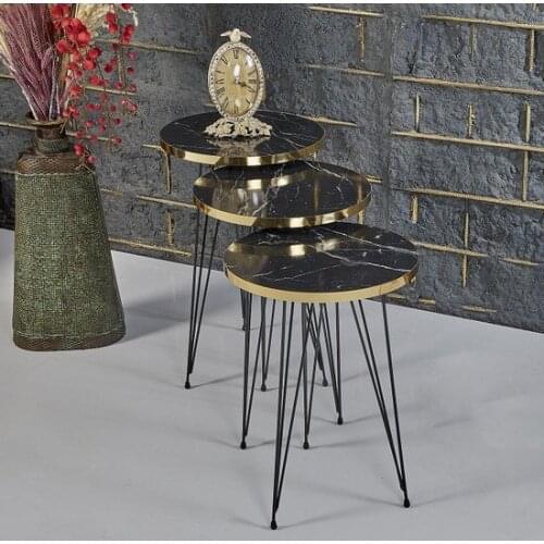 Modern Rupon Home 3 Pcs Zigon Coffee table-Black Marble Pattern Gold coffe table table basse