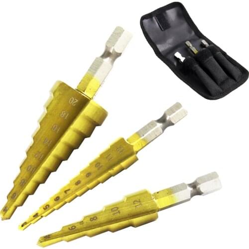 3pcs 3-12mm 4-12mm 4-20mm HSS Straight Groove Step Drill Bit Set Titanium Coated Wood Metal Hole Cutter Core Drill Bit Set
