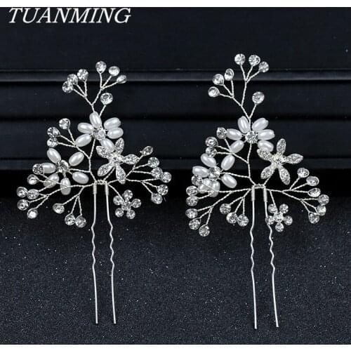 Pearl Flower Rhinestone Hairpins Bride Pearl Hair Pins Handmade Silver Color Wedding Hair Accessories Head Decorations
